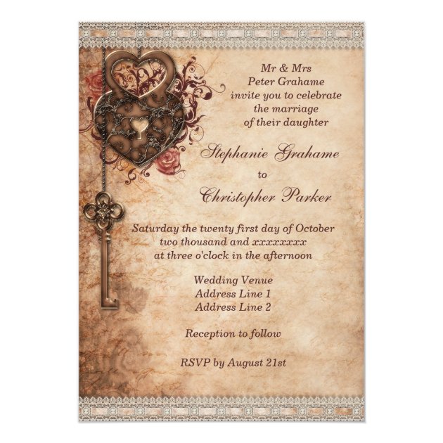 Vintage Hearts Lock And Key Wedding Invitation