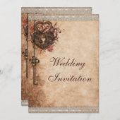 Vintage Hearts Lock and Key Wedding Invitation (Front/Back)