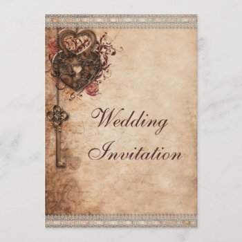 Vintage Hearts Lock And Key Wedding Invitation by GroovyGraphics at Zazzle
