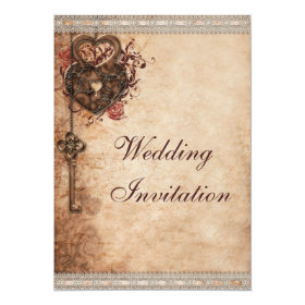 Vintage Hearts Lock and Key Wedding Invitation
