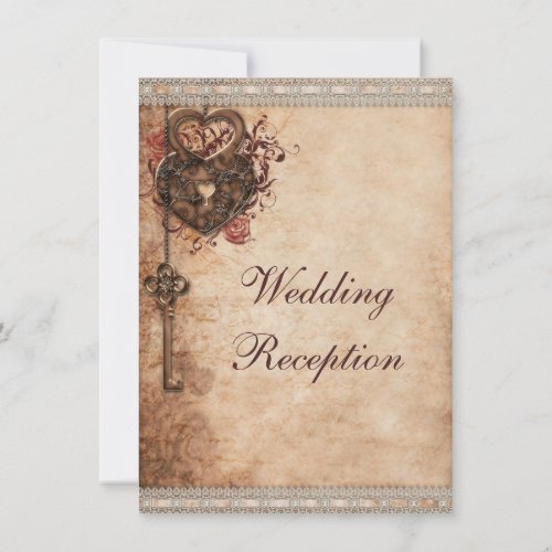 Vintage Hearts Lock and Key Wedding Reception Invitation