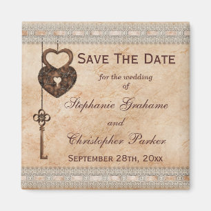 Vintage Hearts Lock and Key Wedding Save The Date Magnet