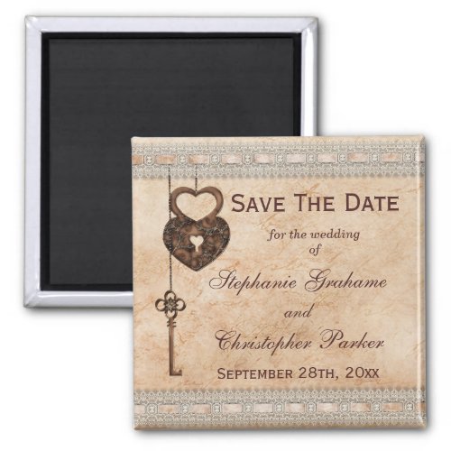 Vintage Hearts Lock and Key Wedding Save The Date Magnet