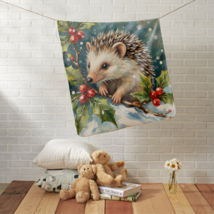 Vintage Hedgehog Among Holly Christmas Baby Blanket