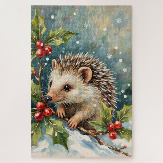 Vintage Hedgehog Among Holly Christmas Jigsaw Puzzle (Vertical)