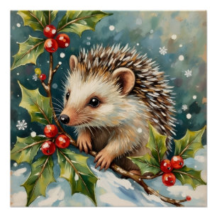 Vintage Hedgehog Among Holly Christmas Poster