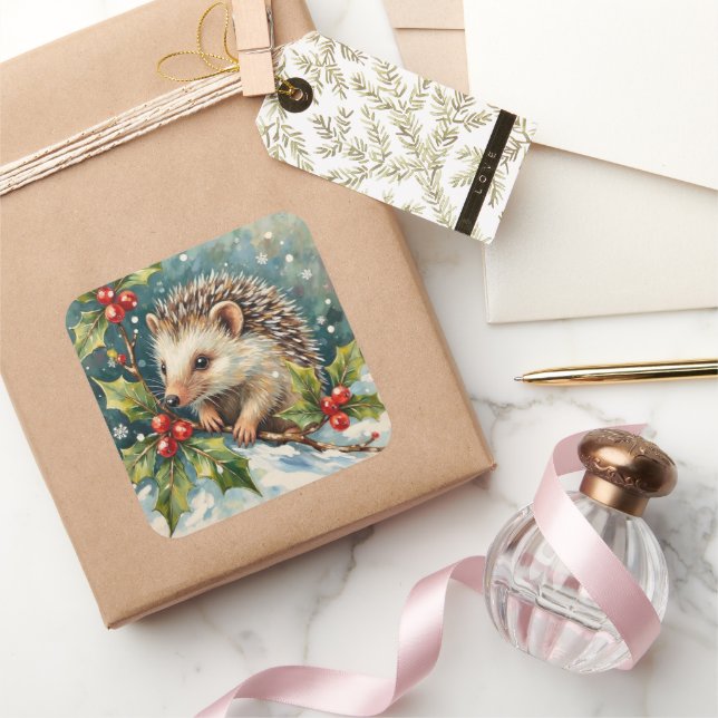 Vintage Hedgehog Among Holly Christmas Square Sticker (Gifting)