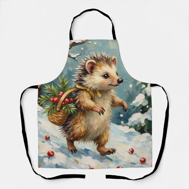 Vintage Hedgehog with Christmas Berry Basket Apron (Front)