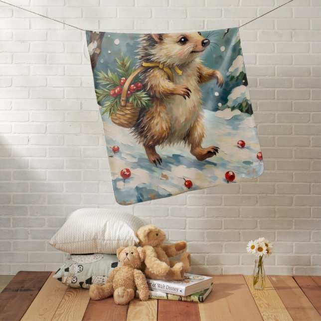 Vintage Hedgehog with Christmas Berry Basket Baby Blanket (In Situ)
