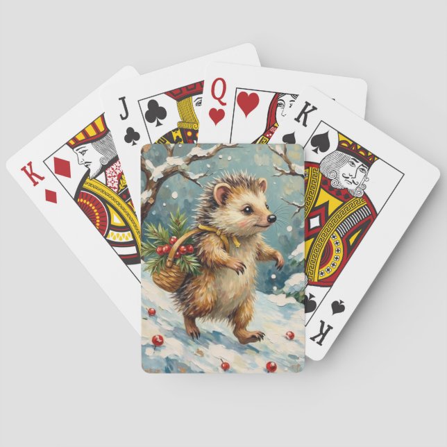 Vintage Hedgehog with Christmas Berry Basket Poker Cards (Back)
