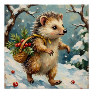 Vintage Hedgehog with Christmas Berry Basket Poster