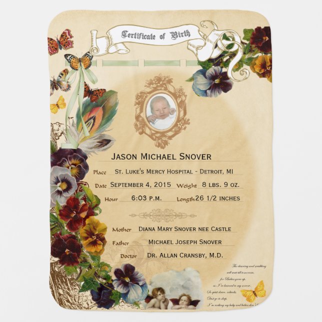 Vintage Heirloom Birth Certificate Baby Blanket (Front)