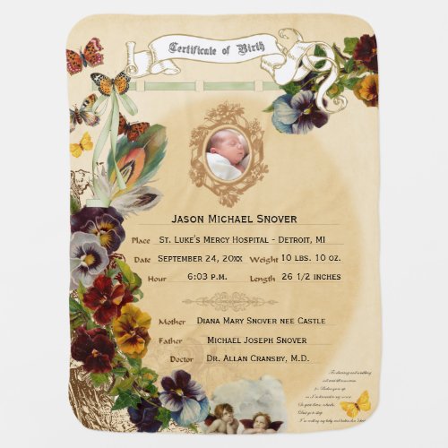 Vintage Heirloom Birth Certificate updated Baby Blanket