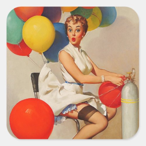 Vintage helium Party balloons Pin up Girl Square Sticker