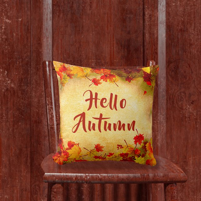  Vintage Hello Autumn Red Orange Leaves Old Paper Throw Pillow (Creator Uploaded)