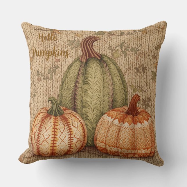 Vintage, Hello Pumpkins with Crochet Style,  Throw Pillow (Front)