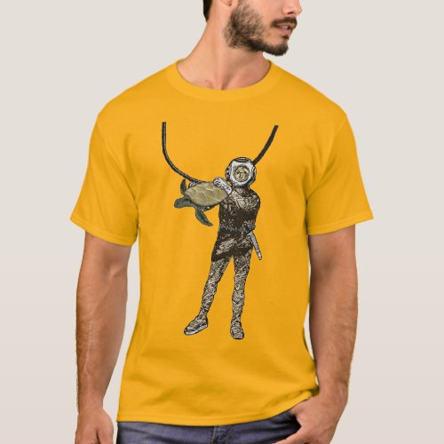 Vintage Helmet Diver Holding a Turtle Underwater T_Shirt