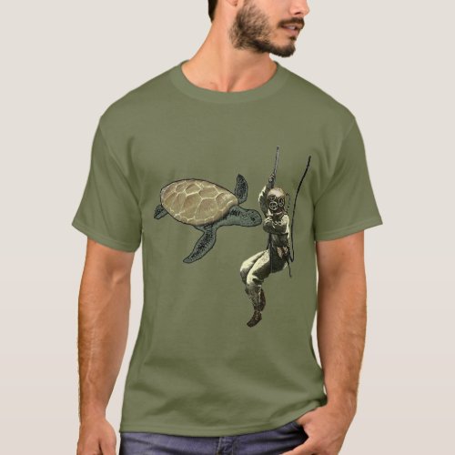 Vintage Helmet Diver on a Rope with a Giant Turtle T_Shirt