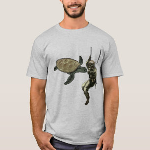 Vintage Helmet Diver on a Rope with a Giant Turtle T-Shirt
