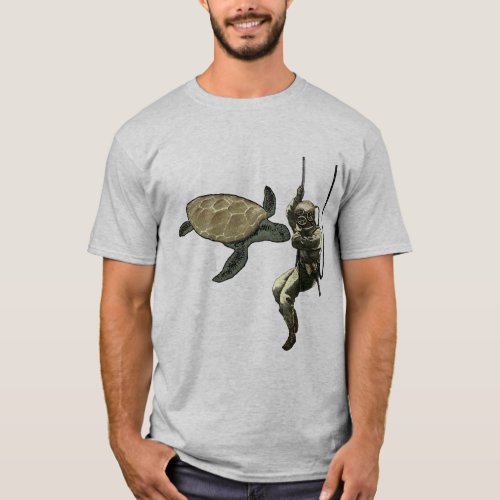 Vintage Helmet Diver on a Rope with a Giant Turtle T_Shirt