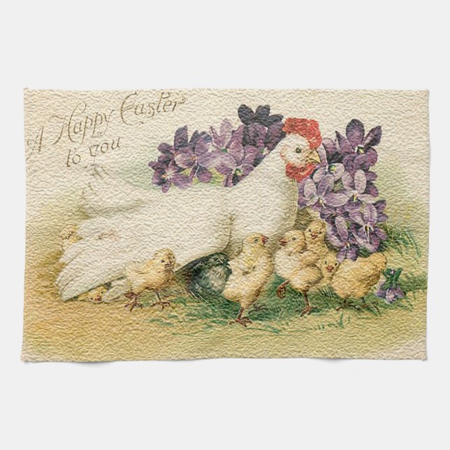 Vintage Hen And Chickens Easter Kitchen Towel (Horizontal)