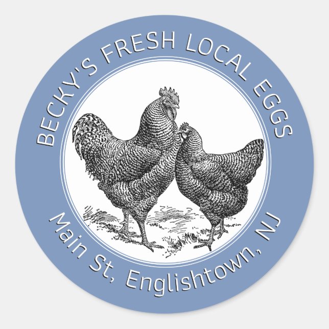 Vintage Hen and Rooster Blue Egg Carton Label (Front)