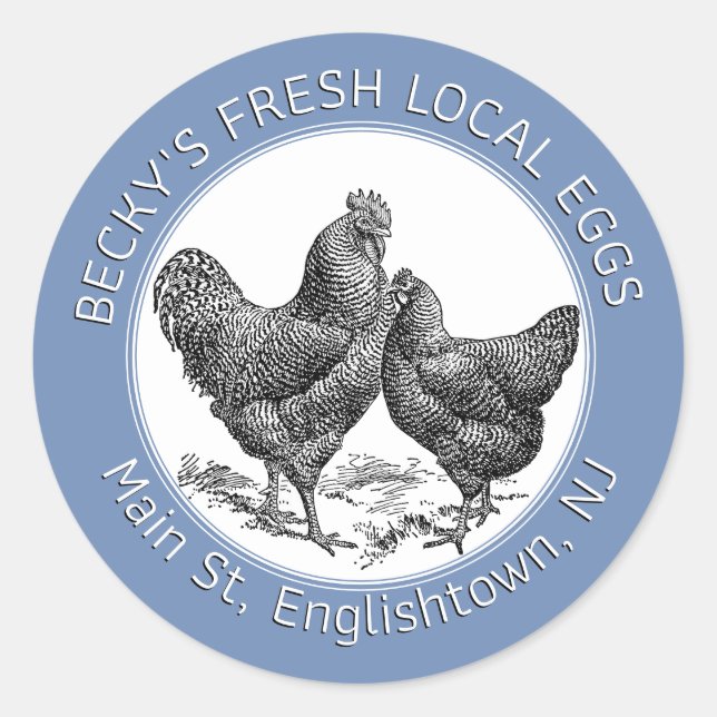 Vintage Hen and Rooster Blue Egg Carton Label (Front)