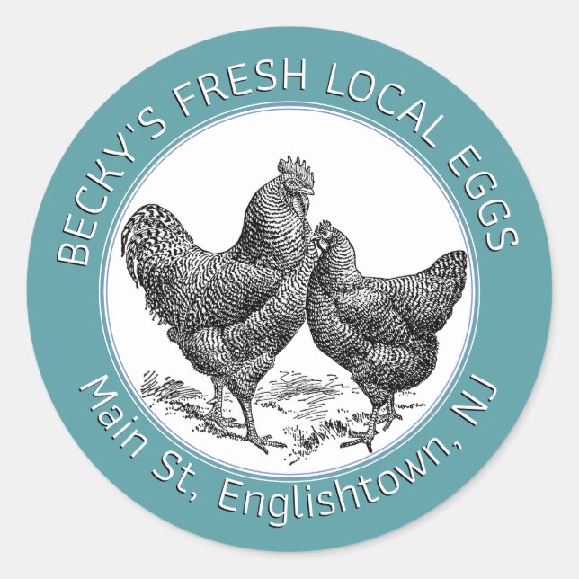 Vintage Hen and Rooster Teal Egg Carton Label (Front)