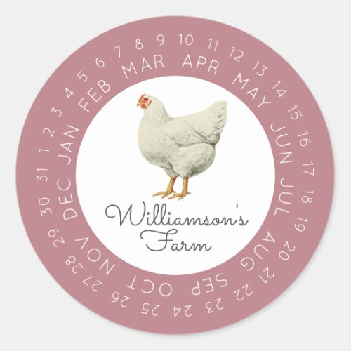 Vintage Hen Encircled Date Egg Carton Dusty Rose Classic Round Sticker