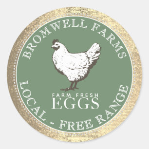 VINTAGE HEN FARM FRESH EGG Green with Gold Border Classic Round Sticker
