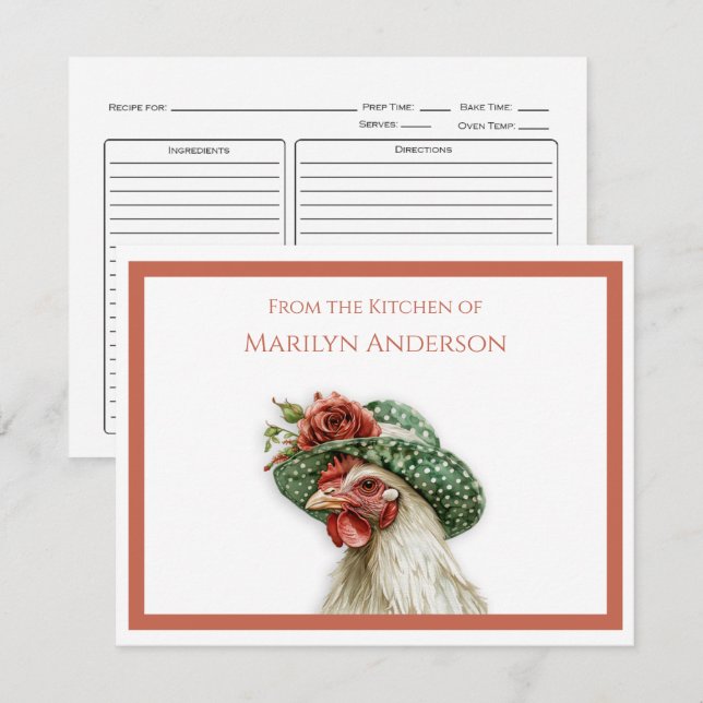 Vintage Hen in a Green Hat Recipe Card | (Front/Back)