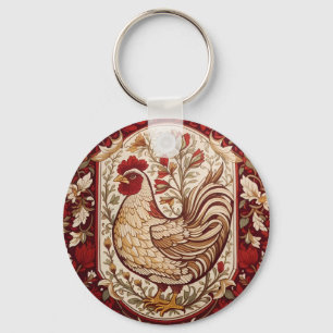 Vintage Hen Red and Cream Floral Keychain