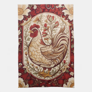 Vintage Hen Red and Cream Floral Kitchen Towel