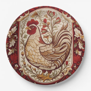 Vintage Hen Red and Cream Floral Paper Plates