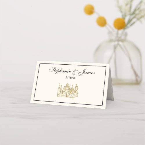 Vintage Heraldic Castle 2 Crest Faux Gold Ivory Place Card