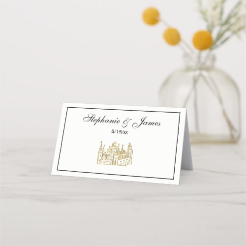 Vintage Heraldic Castle 2 Crest Faux Gold Place Card