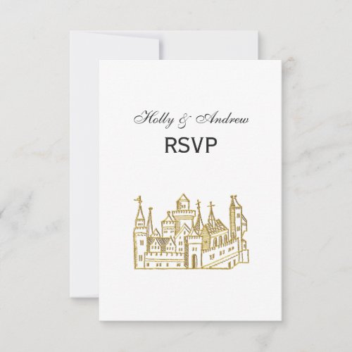 Vintage Heraldic Castle 2 Crest Faux Gold RSVP Card