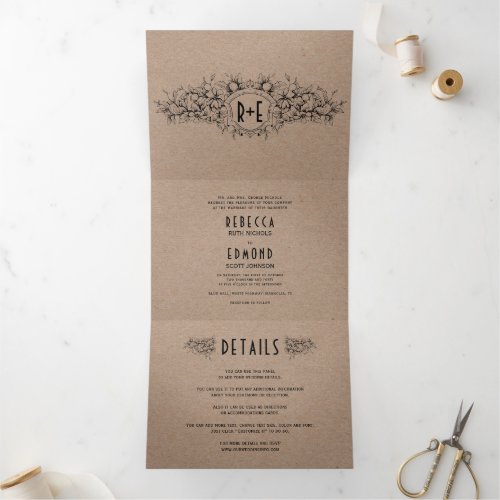 Vintage heraldic crest on kraft paper wedding Tri_Fold invitation