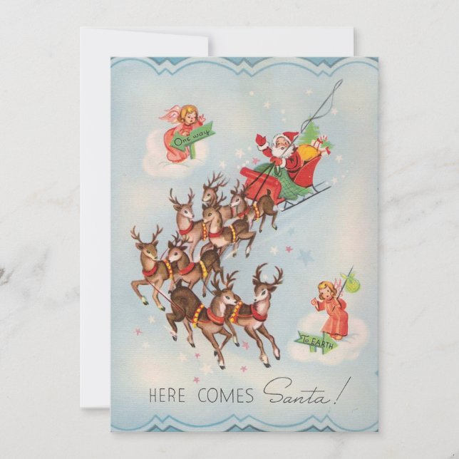 Vintage Here Comes Santa Claus Christmas Holiday Card (Front)