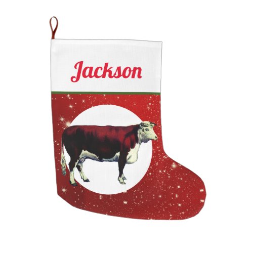 Vintage Hereford Cow on Starry Red Large Christmas Stocking