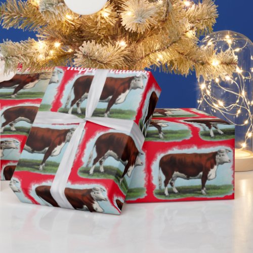 Vintage Hereford Cows on Red Wrapping Paper
