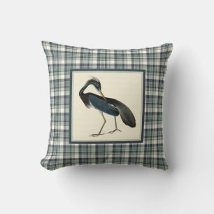 Vintage Heron with Navy Blue Plaid Border Throw Pillow