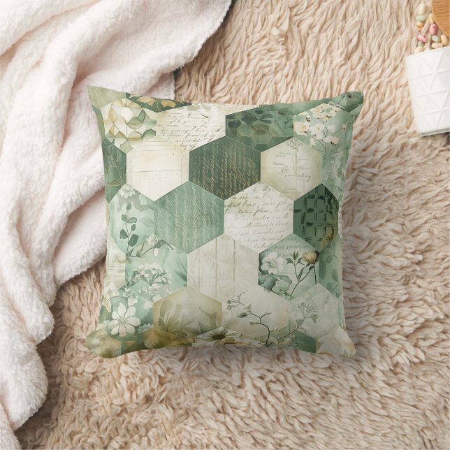 Vintage Hexagon Botanical Patchwork Throw Pillow (Blanket)