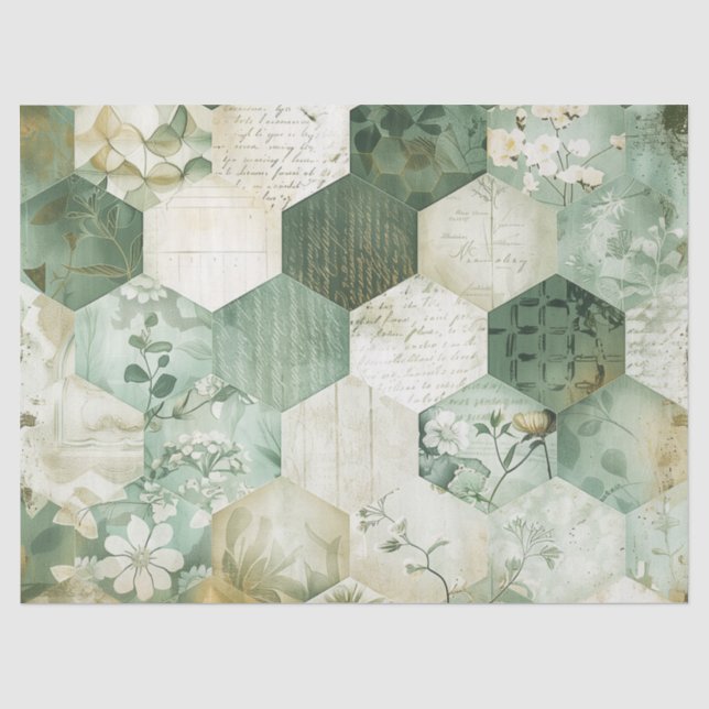 Vintage Hexagon Botanical Patchwork Tissue Paper (Front)