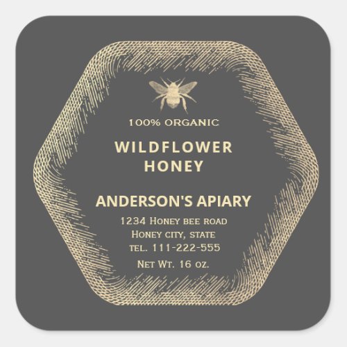 Vintage Hexagon  gold bee honey jar Square Sticker