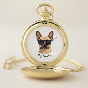 Vintage Hey, Paws Up French Bulldog Sunglasses Gra Pocket Watch