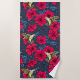 Vintage Hibiscus Botanical and Hummingbird Beach Towel