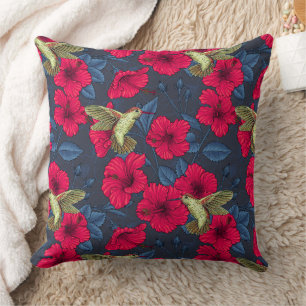 Vintage Hibiscus Botanical and Hummingbird Throw Pillow