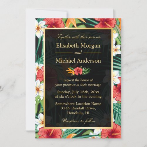 Vintage Hibiscus Floral Gold Frame Formal Wedding Invitation