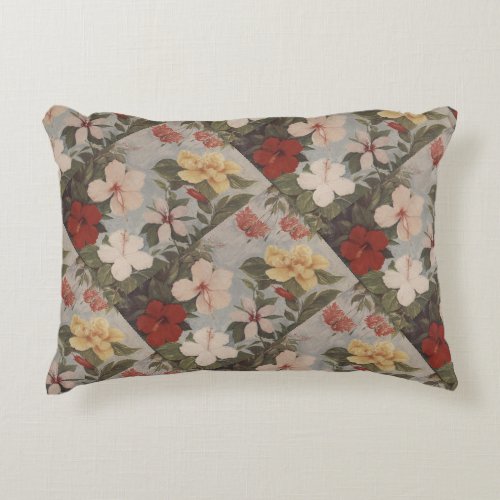 Vintage Hibiscus Flowers Floral Red Pink Yellow  Accent Pillow